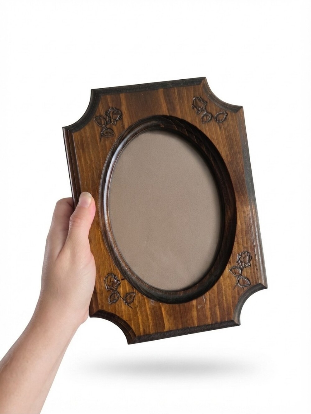 Vintage Wood Picture Frame Oval Insert Rustic Farmhouse Floral Etched Wood Frame